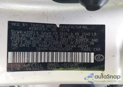 2017 Lexus Es 350 из США, поврежденный, VIN 58ABK1GG8HU045501